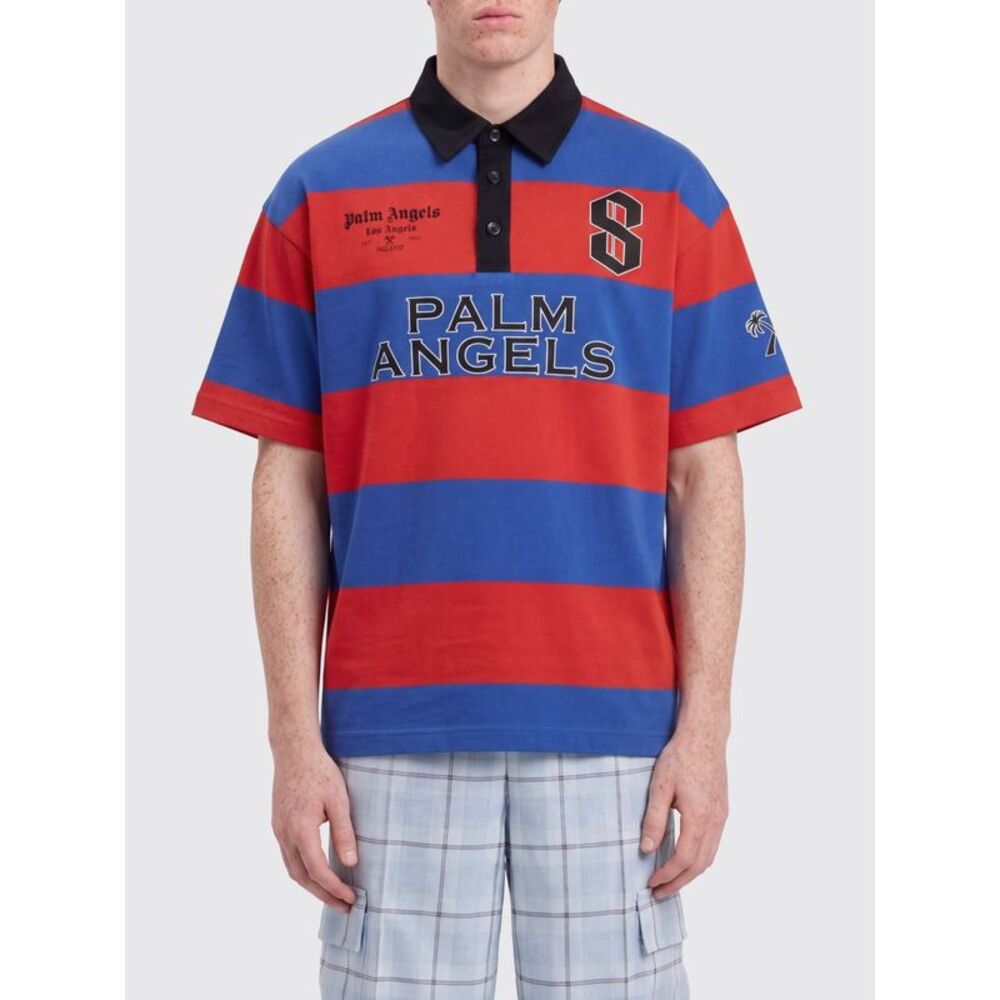Palm Angels Men Striped Cotton Polo Shirt With Logo Palm Angels